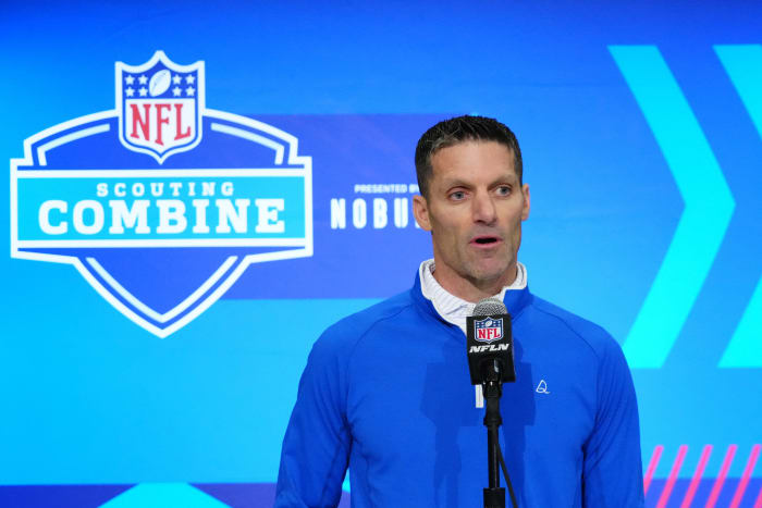 Texans general manager Nick Caserio speaks at a press conference at the NFL Scouting Combine at Indiana Convention Center.